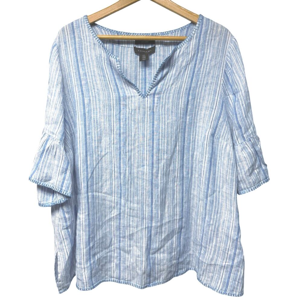 Tahari 100% Linen Blue White Striped Top Plus Size 1X Embroidered Trim Coastal